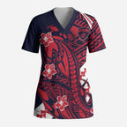 Personalized Melbourne Demons Scrub Top Polynesian Tribal Demon Mascot With Hibiscus Floral Art
