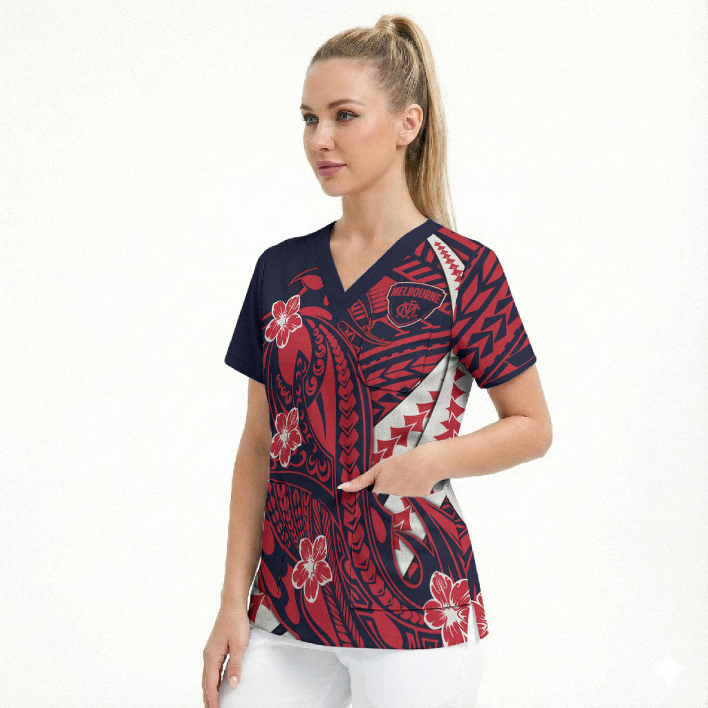 Personalized Melbourne Demons Scrub Top Polynesian Tribal Demon Mascot With Hibiscus Floral Art