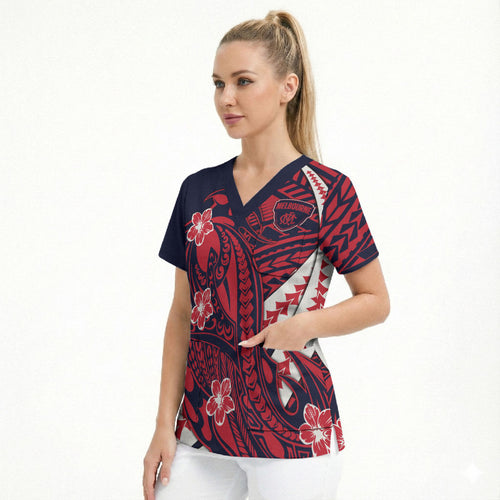 Personalized Melbourne Demons Scrub Top Polynesian Tribal Demon Mascot With Hibiscus Floral Art