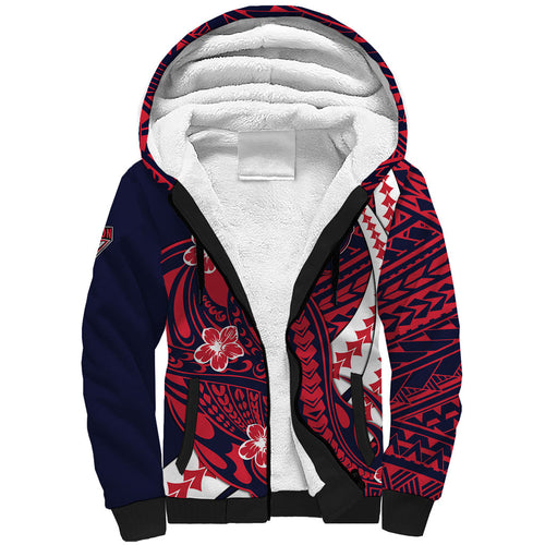 Personalized Melbourne Demons Sherpa Hoodie Polynesian Tribal Demon Mascot With Hibiscus Floral Art