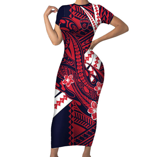 Personalized Melbourne Demons Short Sleeve Bodycon Dress Polynesian Tribal Demon Mascot With Hibiscus Floral Art