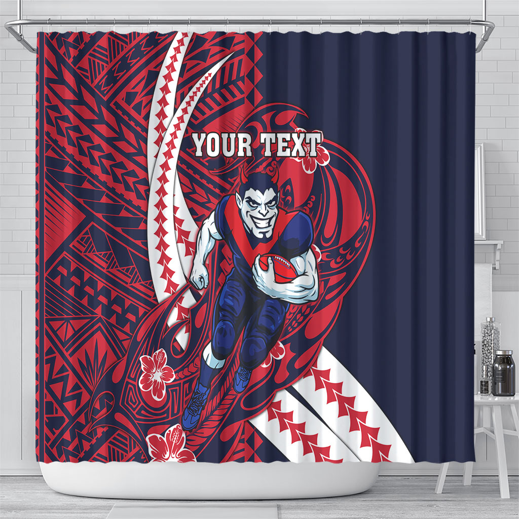 Personalized Melbourne Demons Shower Curtain Polynesian Tribal Demon Mascot With Hibiscus Floral Art