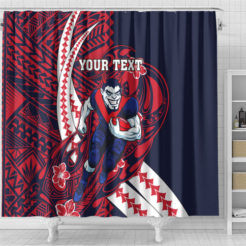 Personalized Melbourne Demons Shower Curtain Polynesian Tribal Demon Mascot With Hibiscus Floral Art