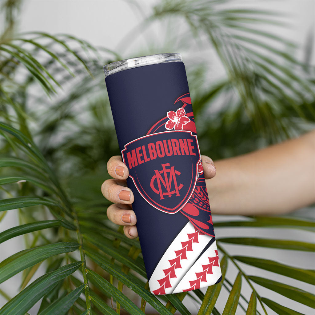 Personalized Melbourne Demons Skinny Tumbler Polynesian Tribal Demon Mascot With Hibiscus Floral Art