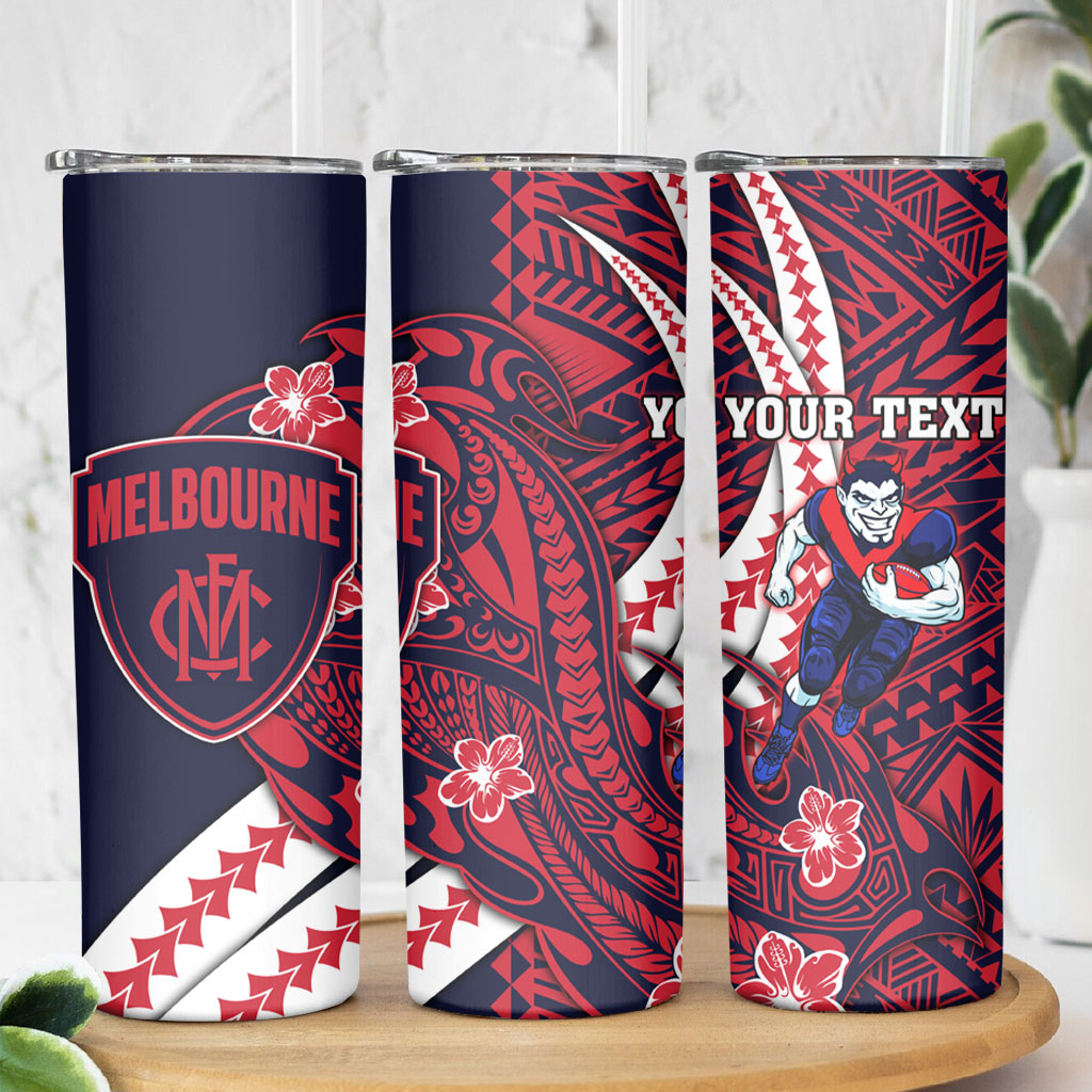 Personalized Melbourne Demons Skinny Tumbler Polynesian Tribal Demon Mascot With Hibiscus Floral Art