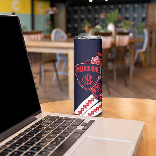 Personalized Melbourne Demons Skinny Tumbler Polynesian Tribal Demon Mascot With Hibiscus Floral Art