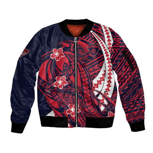 Personalized Melbourne Demons Sleeve Zip Bomber Jacket Polynesian Tribal Demon Mascot With Hibiscus Floral Art