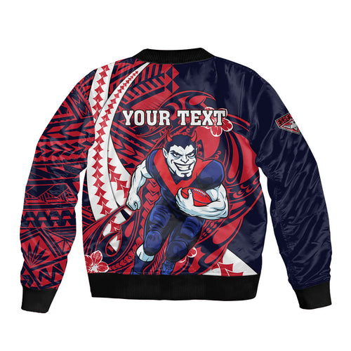 Personalized Melbourne Demons Sleeve Zip Bomber Jacket Polynesian Tribal Demon Mascot With Hibiscus Floral Art