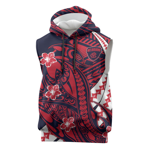 Personalized Melbourne Demons Sleeveless Hoodie Polynesian Tribal Demon Mascot With Hibiscus Floral Art