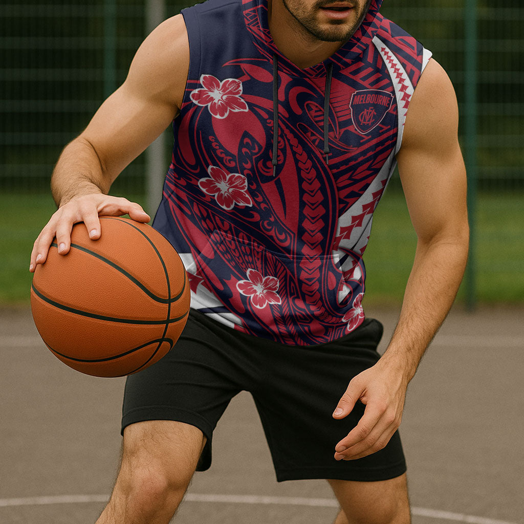 Personalized Melbourne Demons Sleeveless Hoodie Polynesian Tribal Demon Mascot With Hibiscus Floral Art