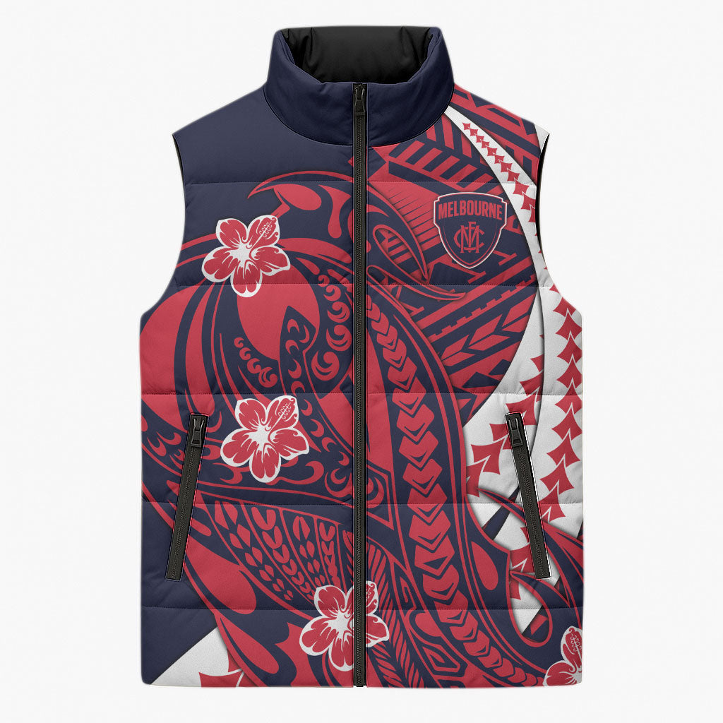 Personalized Melbourne Demons Sleeveless Puffer Jacket Polynesian Tribal Demon Mascot With Hibiscus Floral Art