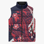 Personalized Melbourne Demons Sleeveless Puffer Jacket Polynesian Tribal Demon Mascot With Hibiscus Floral Art