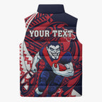 Personalized Melbourne Demons Sleeveless Puffer Jacket Polynesian Tribal Demon Mascot With Hibiscus Floral Art
