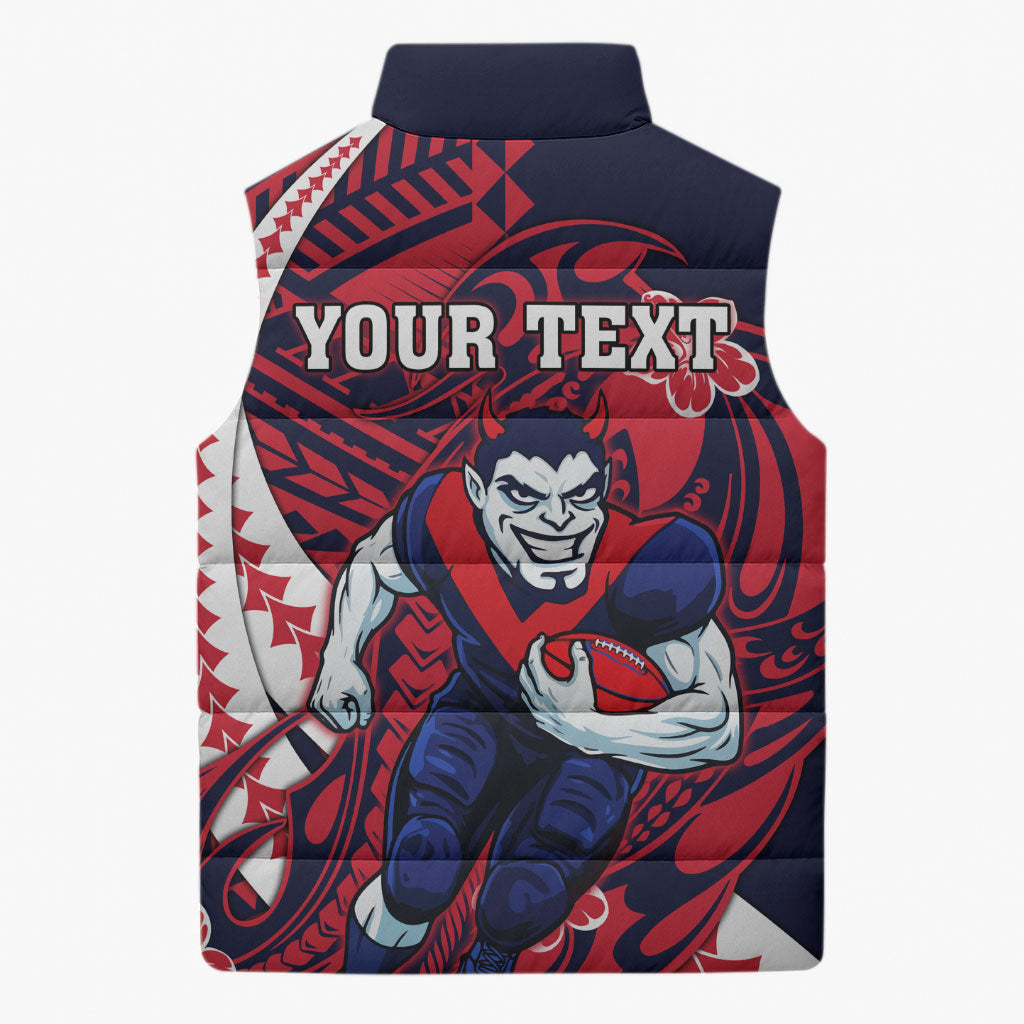 Personalized Melbourne Demons Sleeveless Puffer Jacket Polynesian Tribal Demon Mascot With Hibiscus Floral Art