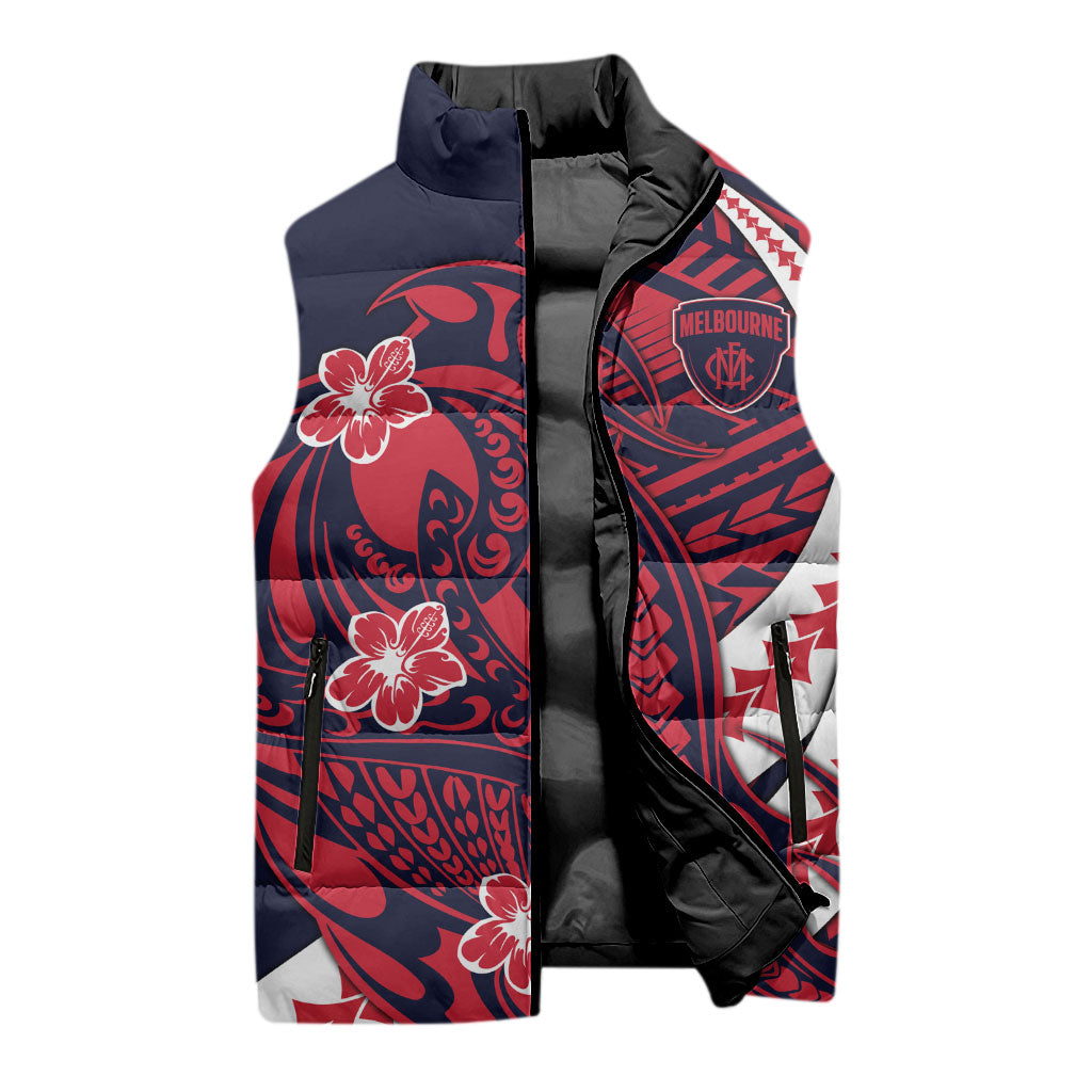Personalized Melbourne Demons Sleeveless Puffer Jacket Polynesian Tribal Demon Mascot With Hibiscus Floral Art