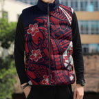 Personalized Melbourne Demons Sleeveless Puffer Jacket Polynesian Tribal Demon Mascot With Hibiscus Floral Art