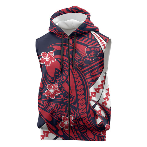 Personalized Melbourne Demons Sleeveless Zip Hoodie Polynesian Tribal Demon Mascot With Hibiscus Floral Art
