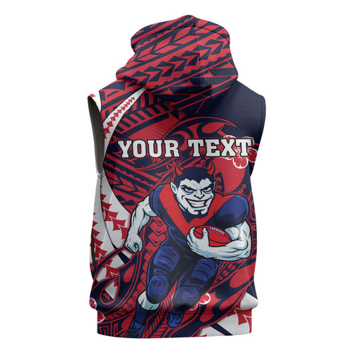 Personalized Melbourne Demons Sleeveless Zip Hoodie Polynesian Tribal Demon Mascot With Hibiscus Floral Art