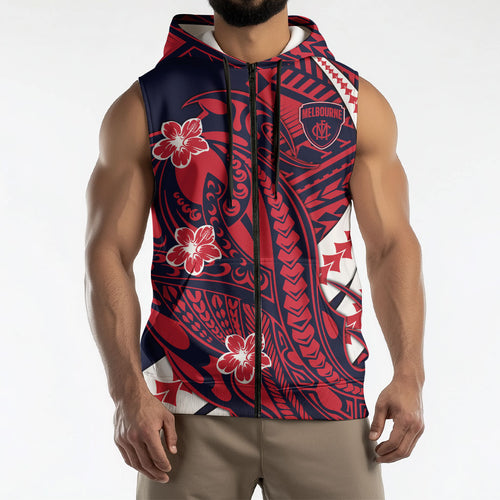 Personalized Melbourne Demons Sleeveless Zip Hoodie Polynesian Tribal Demon Mascot With Hibiscus Floral Art
