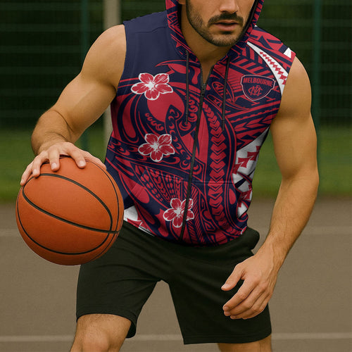 Personalized Melbourne Demons Sleeveless Zip Hoodie Polynesian Tribal Demon Mascot With Hibiscus Floral Art