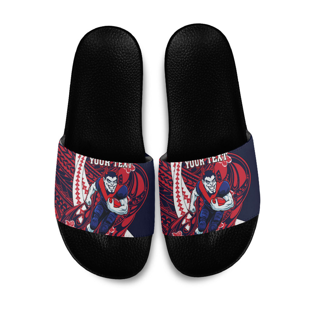 Personalized Melbourne Demons Slide Sandals Polynesian Tribal Demon Mascot With Hibiscus Floral Art
