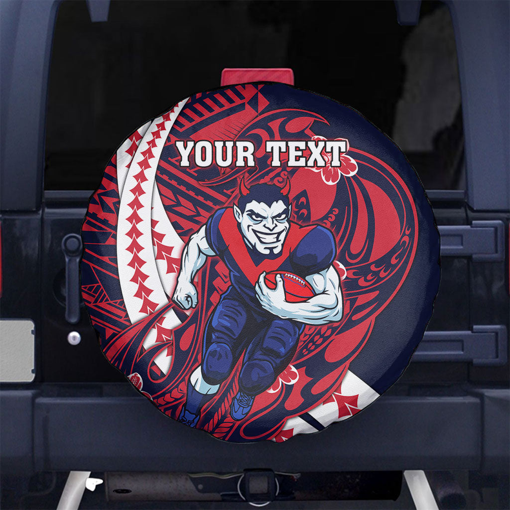 Personalized Melbourne Demons Spare Tire Cover Polynesian Tribal Demon Mascot With Hibiscus Floral Art