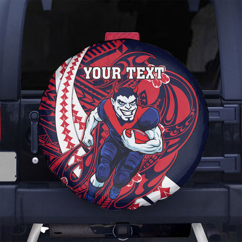 Personalized Melbourne Demons Spare Tire Cover Polynesian Tribal Demon Mascot With Hibiscus Floral Art