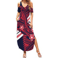 Personalized Melbourne Demons Summer Maxi Dress Polynesian Tribal Demon Mascot With Hibiscus Floral Art