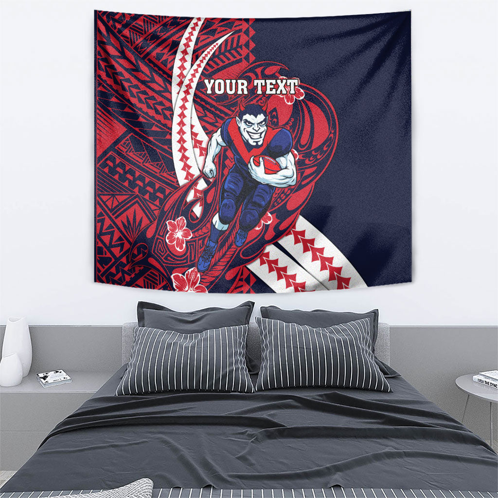 Personalized Melbourne Demons Tapestry Polynesian Tribal Demon Mascot With Hibiscus Floral Art