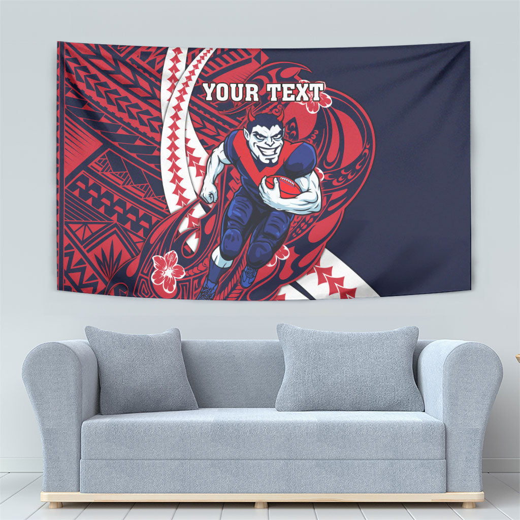 Personalized Melbourne Demons Tapestry Polynesian Tribal Demon Mascot With Hibiscus Floral Art