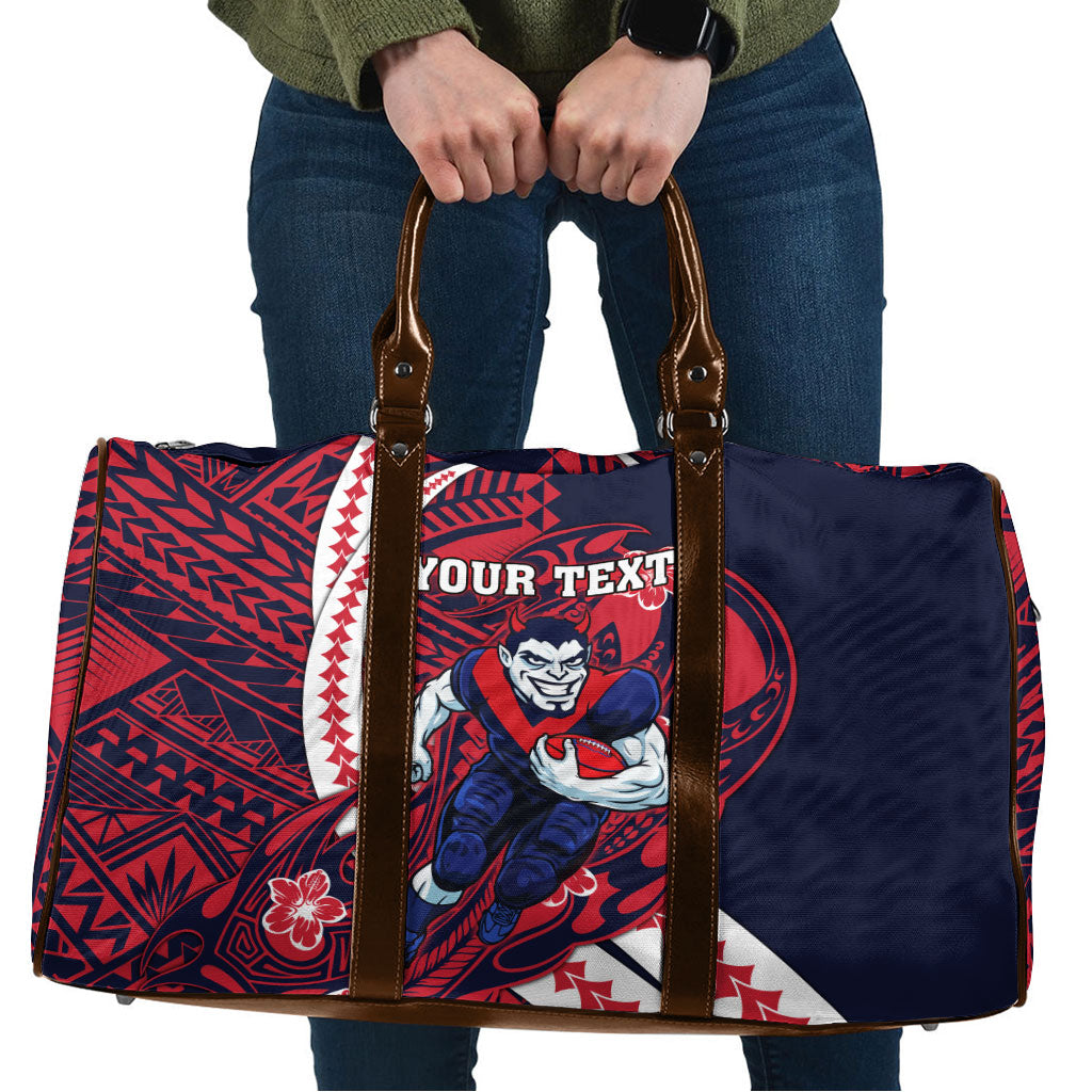 Personalized Melbourne Demons Travel Bag Polynesian Tribal Demon Mascot With Hibiscus Floral Art