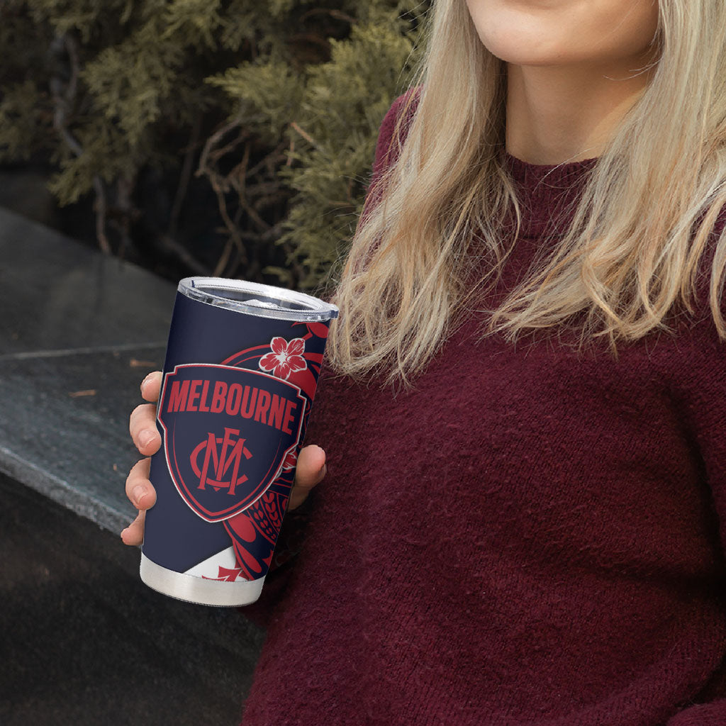 Personalized Melbourne Demons Tumbler Cup Polynesian Tribal Demon Mascot With Hibiscus Floral Art