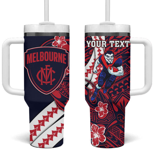 Personalized Melbourne Demons Tumbler With Handle Polynesian Tribal Demon Mascot With Hibiscus Floral Art