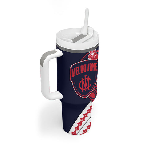 Personalized Melbourne Demons Tumbler With Handle Polynesian Tribal Demon Mascot With Hibiscus Floral Art
