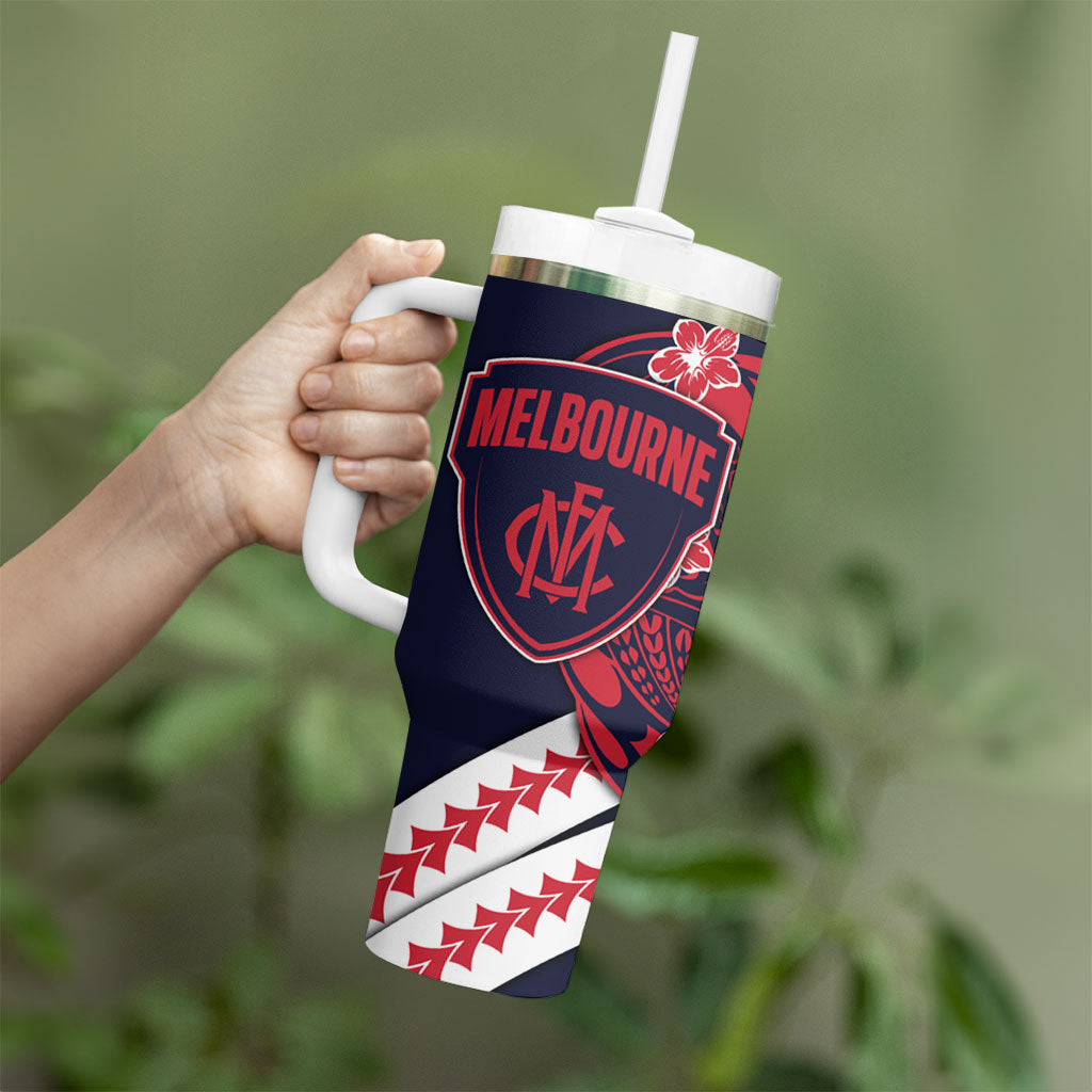 Personalized Melbourne Demons Tumbler With Handle Polynesian Tribal Demon Mascot With Hibiscus Floral Art