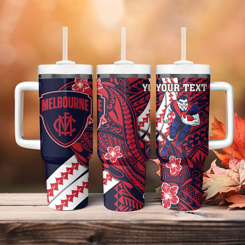Personalized Melbourne Demons Tumbler With Handle Polynesian Tribal Demon Mascot With Hibiscus Floral Art