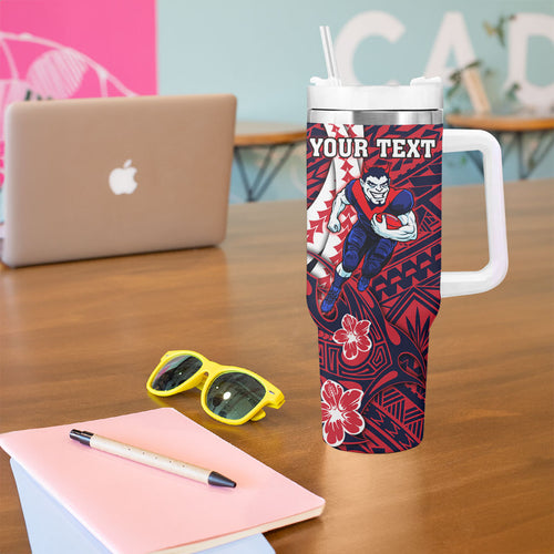 Personalized Melbourne Demons Tumbler With Handle Polynesian Tribal Demon Mascot With Hibiscus Floral Art