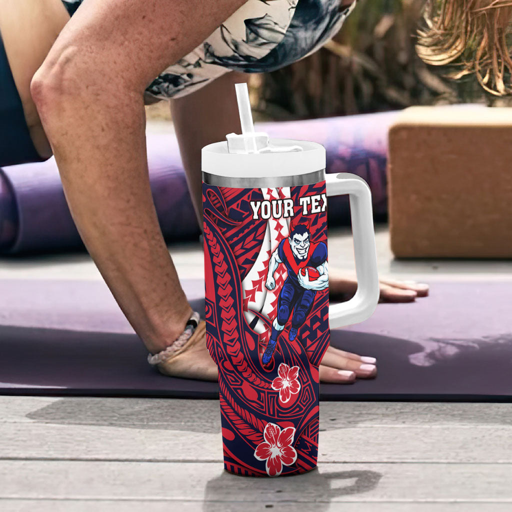 Personalized Melbourne Demons Tumbler With Handle Polynesian Tribal Demon Mascot With Hibiscus Floral Art