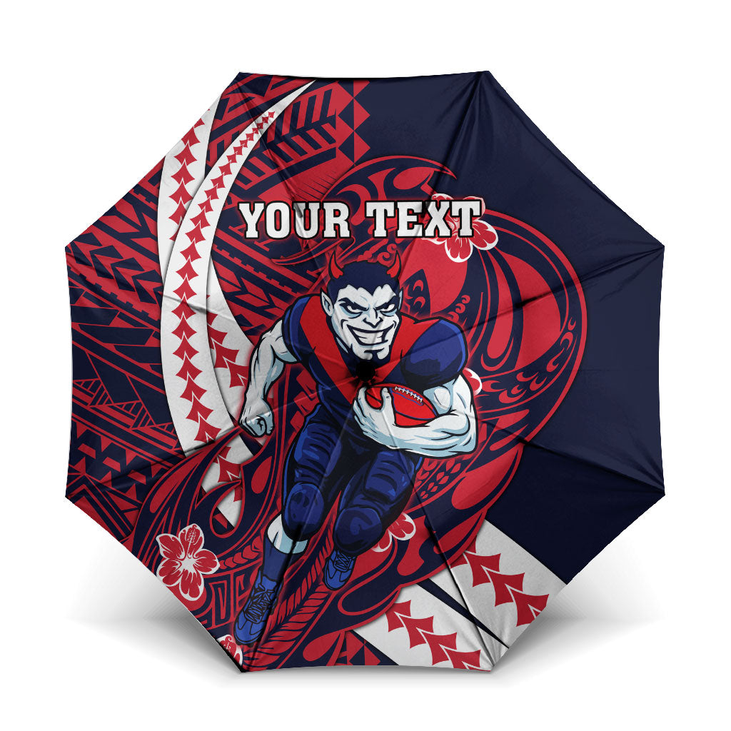 Personalized Melbourne Demons Umbrella Polynesian Tribal Demon Mascot With Hibiscus Floral Art