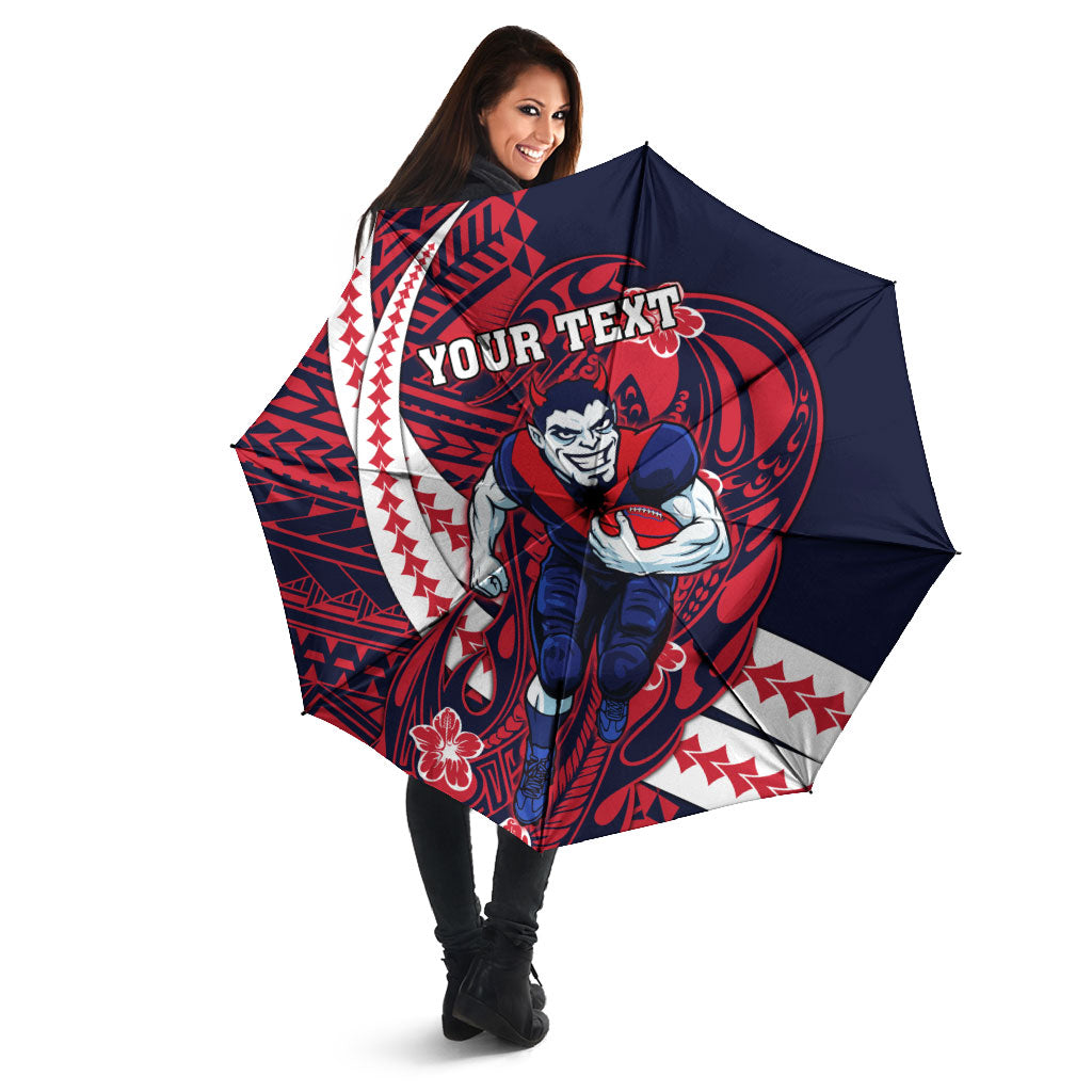 Personalized Melbourne Demons Umbrella Polynesian Tribal Demon Mascot With Hibiscus Floral Art