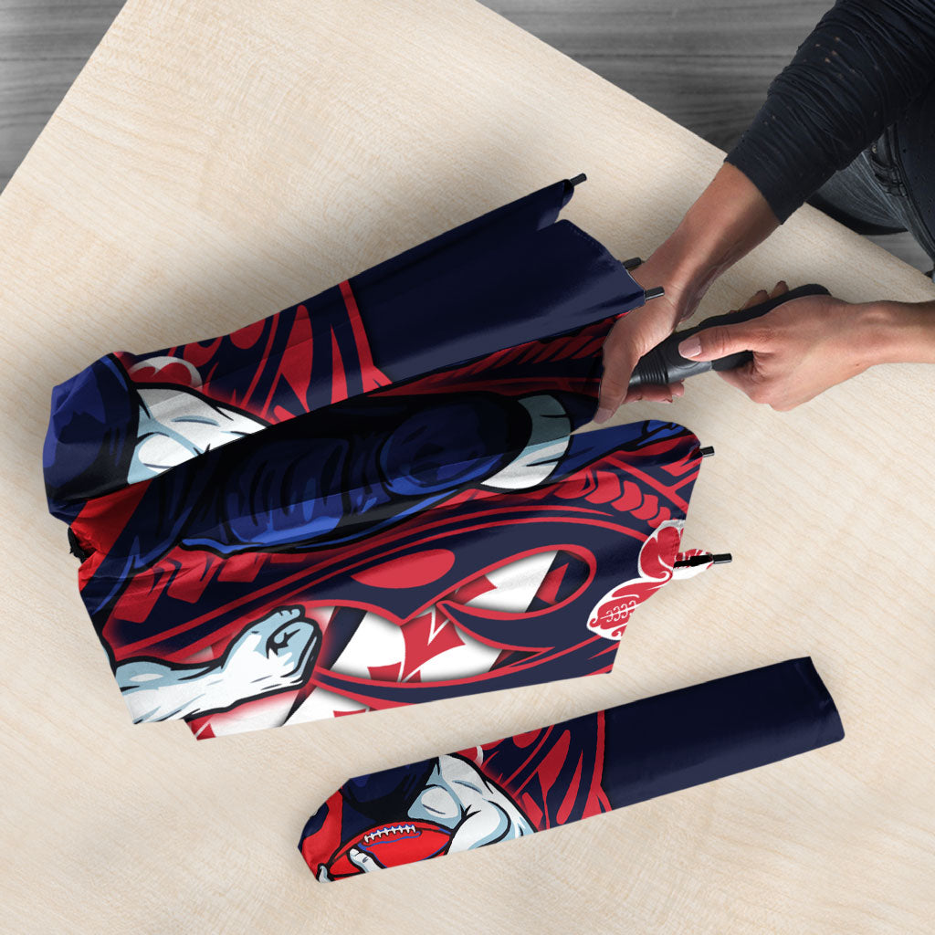 Personalized Melbourne Demons Umbrella Polynesian Tribal Demon Mascot With Hibiscus Floral Art