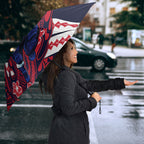 Personalized Melbourne Demons Umbrella Polynesian Tribal Demon Mascot With Hibiscus Floral Art