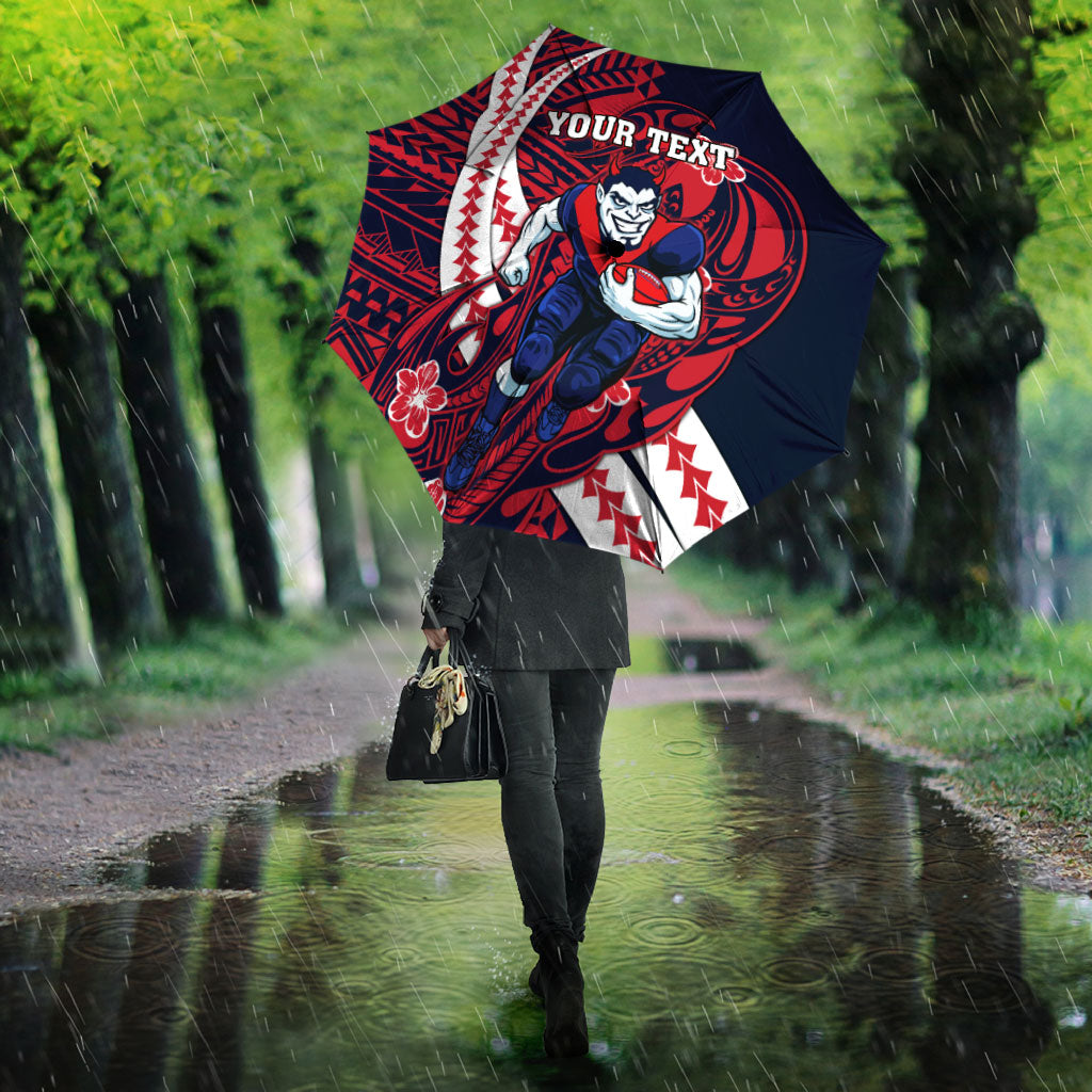Personalized Melbourne Demons Umbrella Polynesian Tribal Demon Mascot With Hibiscus Floral Art