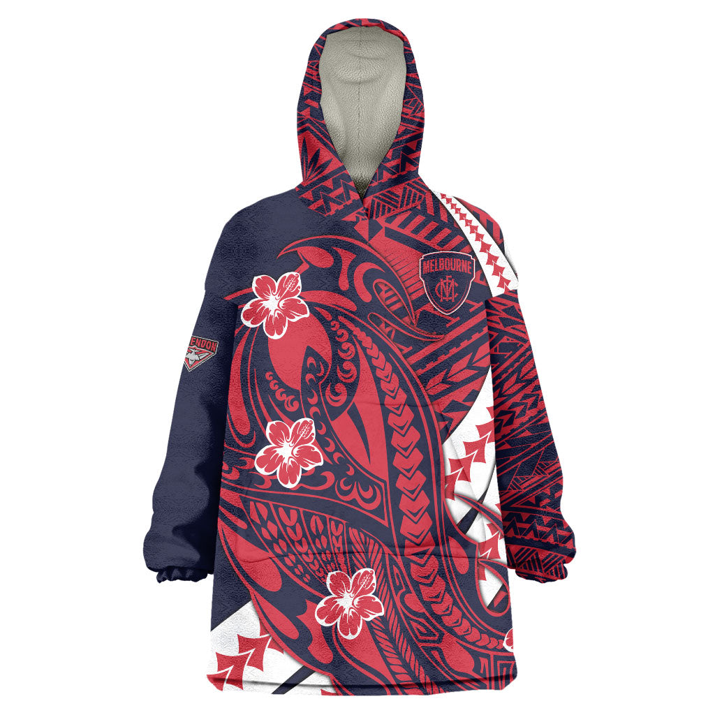 Personalized Melbourne Demons Wearable Blanket Hoodie Polynesian Tribal Demon Mascot With Hibiscus Floral Art