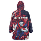 Personalized Melbourne Demons Wearable Blanket Hoodie Polynesian Tribal Demon Mascot With Hibiscus Floral Art
