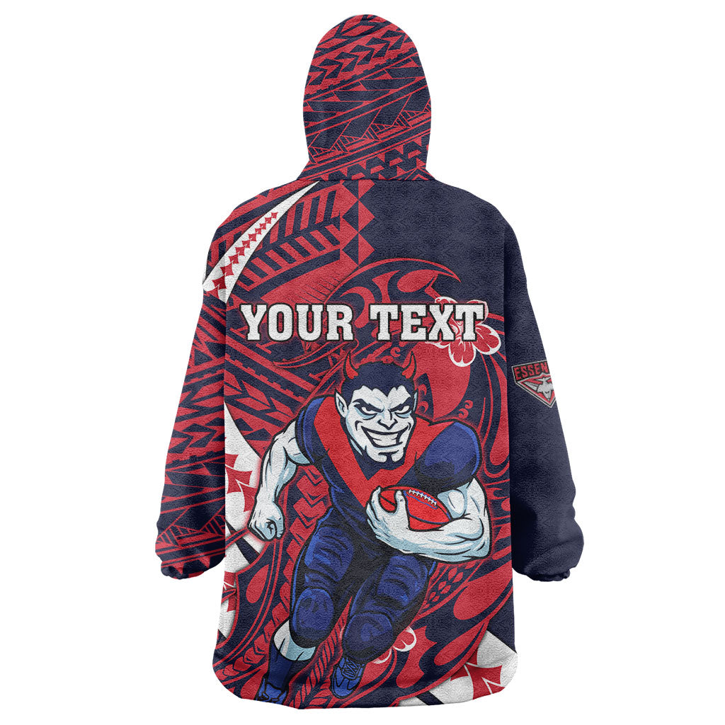 Personalized Melbourne Demons Wearable Blanket Hoodie Polynesian Tribal Demon Mascot With Hibiscus Floral Art