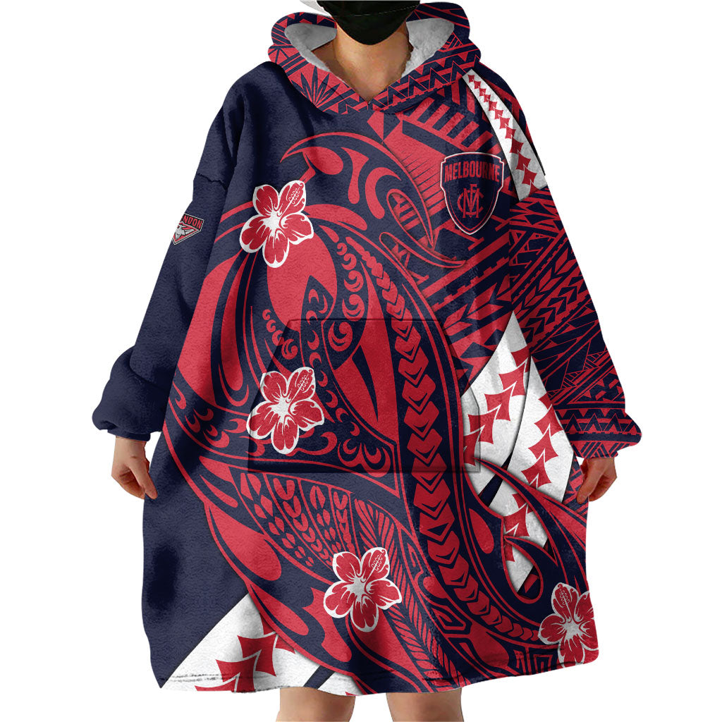 Personalized Melbourne Demons Wearable Blanket Hoodie Polynesian Tribal Demon Mascot With Hibiscus Floral Art