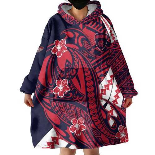 Personalized Melbourne Demons Wearable Blanket Hoodie Polynesian Tribal Demon Mascot With Hibiscus Floral Art