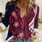 Personalized Melbourne Demons Women Casual Shirt Polynesian Tribal Demon Mascot With Hibiscus Floral Art