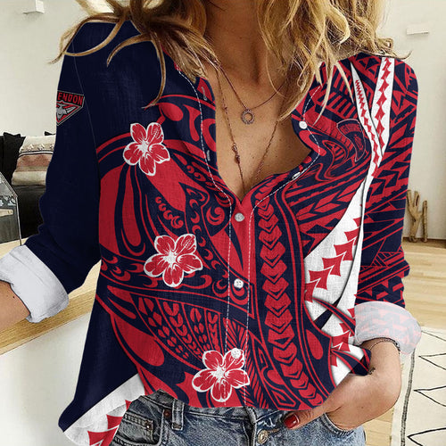 Personalized Melbourne Demons Women Casual Shirt Polynesian Tribal Demon Mascot With Hibiscus Floral Art